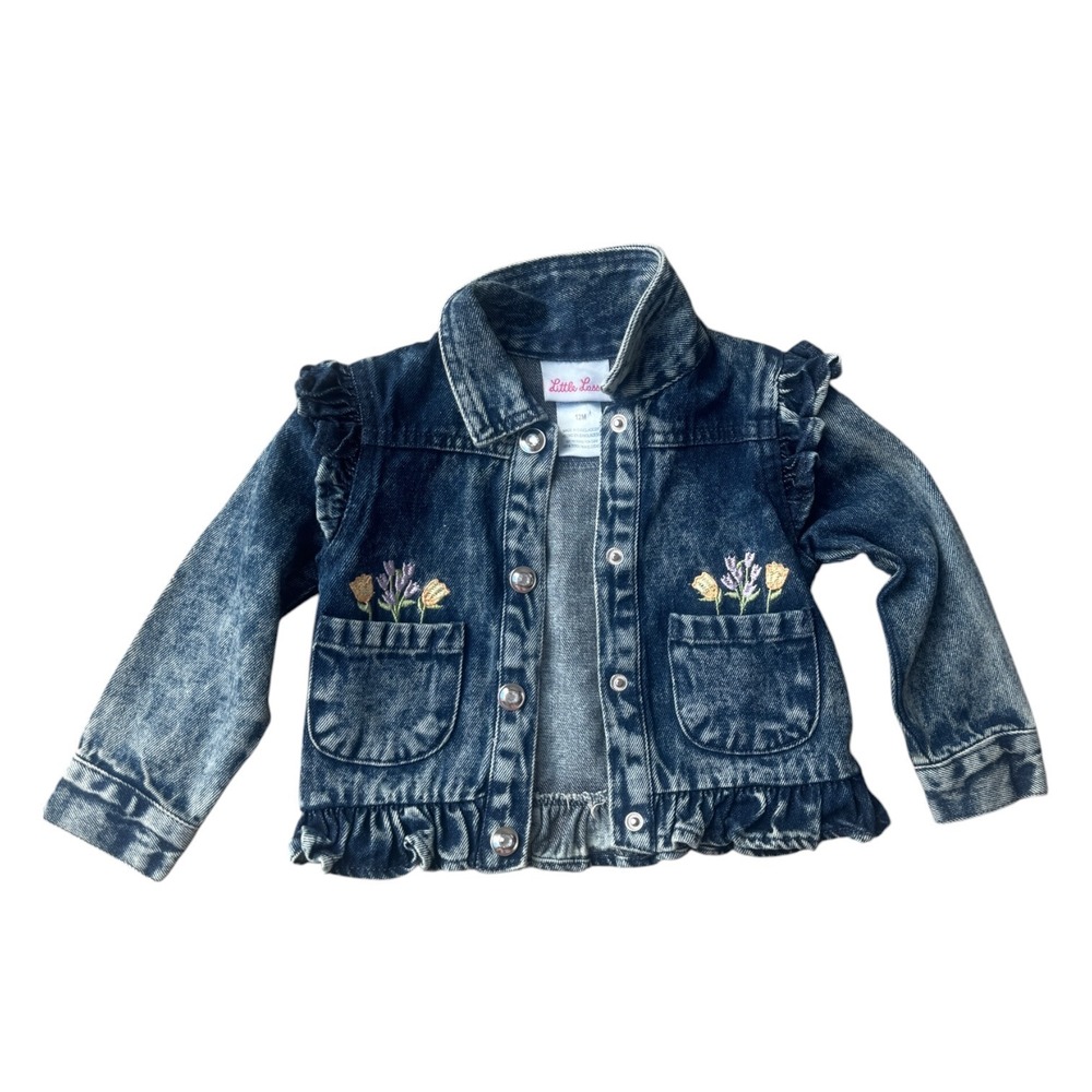 NWT Little Lass Baby Girl 12M Denim Jacket Ruffle Floral Embroidery